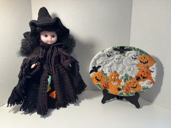 Vintage Halloween Witch Doll & Vintage Halloween Ghosts & Pumpkins Ceramic Candy Dish