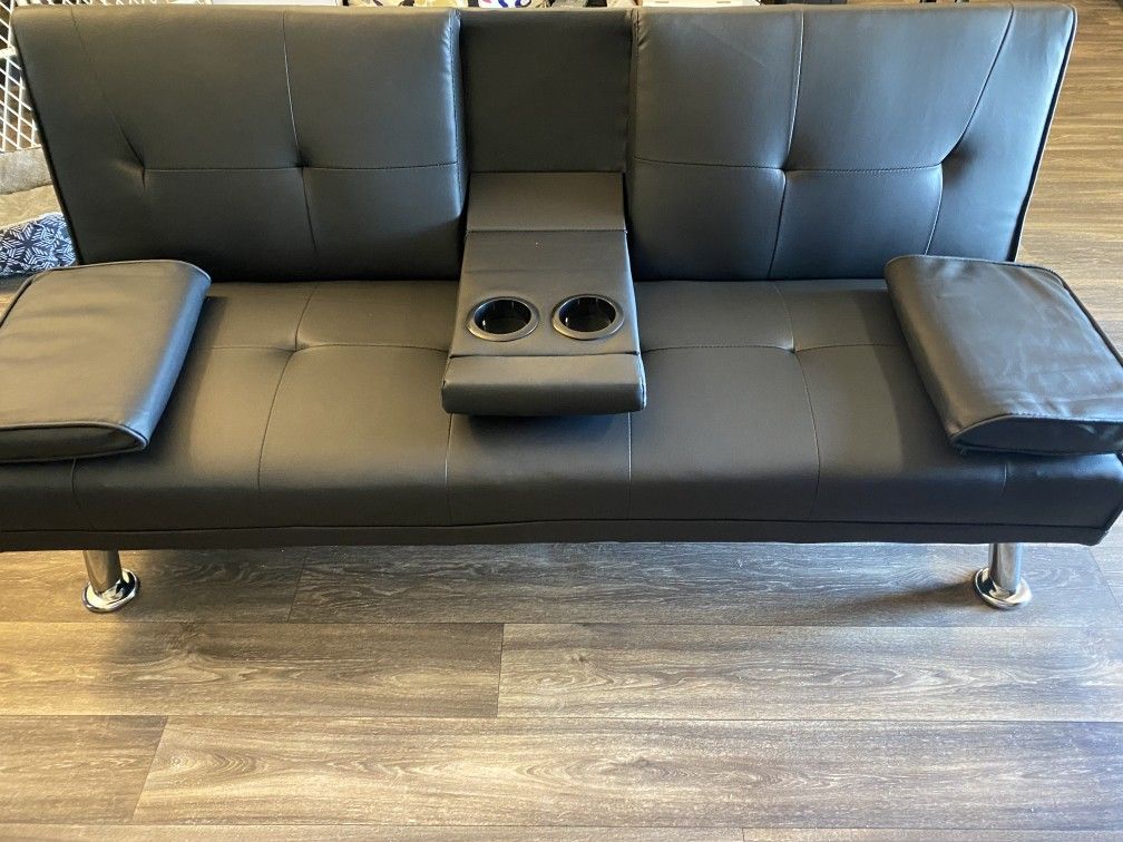 Black PU Sofa Bed Faux Convertible Folding Sofa with Cup Holders