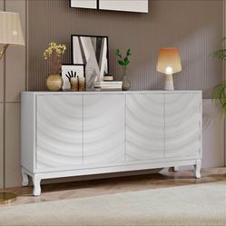 Stylish Sideboard with Sophisticated Wavy Pattern Doors and Arched Groove: Four - Door, Adjustable-P