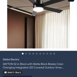 Globe Electric DAYTON 52-in Black with Matte Black Blades Color-Changing Integrated LED Covered Outdoor Smat fan