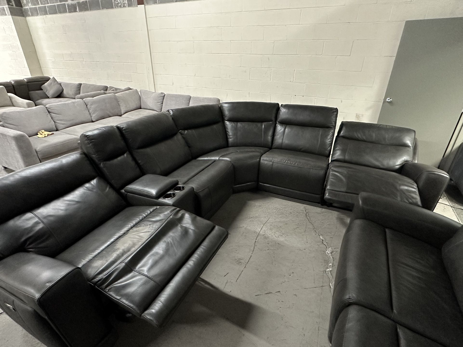 Dark Grey Leather Reclining Sectional Couch