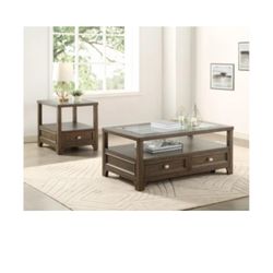 Living Spaces Brown Glass Top Wood Rectangle Coffee Table | Storage Drawers & End Table