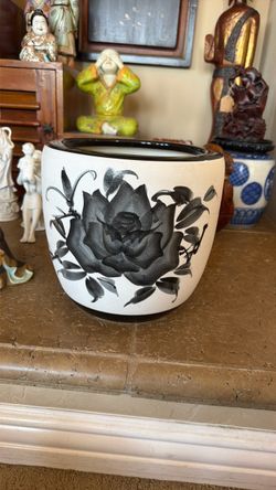 Ceramic Planter with Black Floral Design