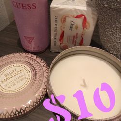 Bath Essentials~ Candle,Body spray, Dove Bar & Cloth