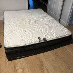 QUEEN SIZE MATTRESS SET WITH GRAY CLOTH COVERED BED FRAME