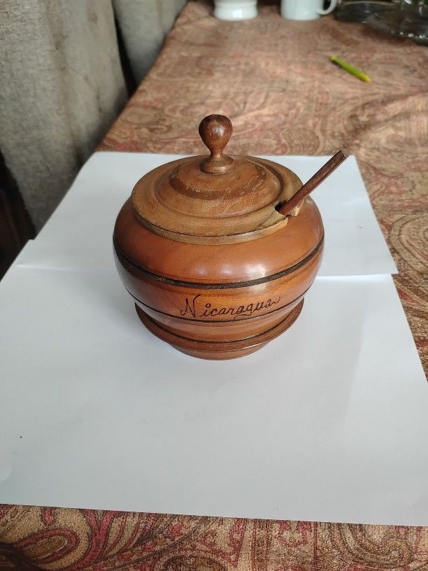 Condiment/Jam Wooden Bowl With Lid And Spoon Crafted In Nicaragua
