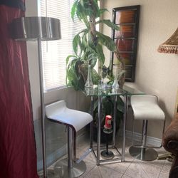 Chrome Glass Bar Table & 2 Zoey White Barstools 