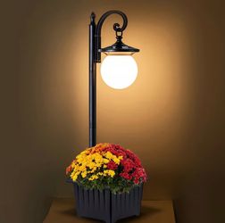 Outdoor Post Light with Planter, Matte Black Solar Lamp Post Light with Globe Shade, 2 in 1 Waterproof Solar Post Lights Outdoor Planter for Outside G