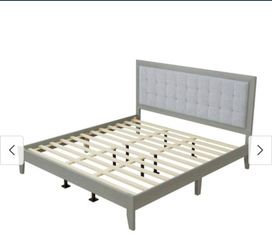 New Queen Bed Frame Complete W/ Headboard , Must See , Solid Wood Platform, Mid Century Tufted Headboard, Grey , New In Box $250