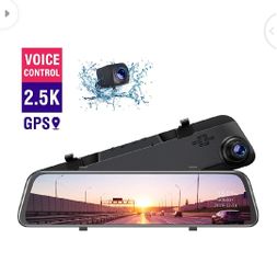 2.5K Mirror Dash Cam GPS Voice Control Backup Camera, 12" Touch Screen Front and Rear Dual Lens Dash Camera for Cars Waterproof Rear V