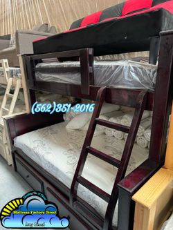 Twin full Cherry bunk bed with mattresses trundle