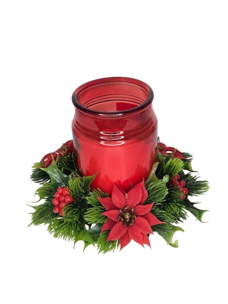 MCM Green and Red Poinsettia And Pine Wreath Vintage Plastic Candle Ring Holiday Decor