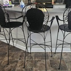 Counter Height Black Rattan Weave / Wrought Iron Bar Stools, Set of 4