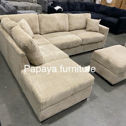 105”L Reversible chaise couch. New! Camel Plush Sectional And Storage Ottoman, Sectional Couch, Sofa, Reversible Sectional, Couch, Brown Sectional, Re