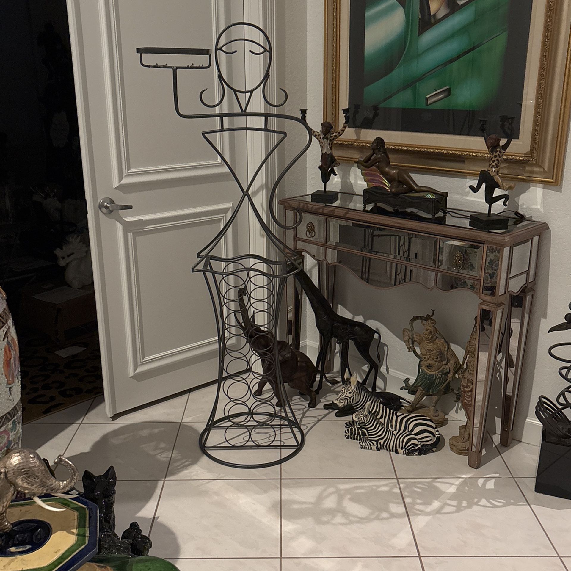 63” Lady Woman Butler Server Bar Cart Statue For 14 Wine Bottles. Vintage Wrought Iron Metal Floor Art Sculpture 5’ 3”. Deco Retro MCM John Risley