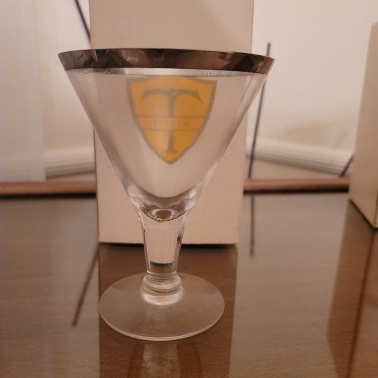 12 Matching Silver-Rimmed Tiffin Franciscan Crystal Water Goblets – Aurora Pattern, Gently Used