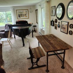 Rustic Wormwood Desk, Pipe Legs  & Glass Top