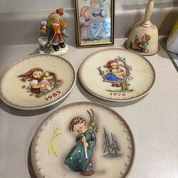 Lot F Hummel Dishes 3 Plates,a Large Bell And A 3x5 Vintage Picture Framed and A Figurine