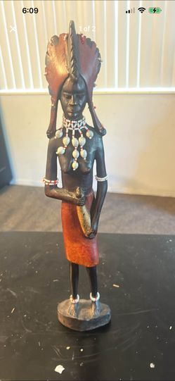VINTAGE AFRICAN CARVED STATUE Masai TRIBAL ETHNIC WOODEN Woman 