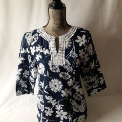 Alfred Dunner women's navy/white long sleeve floral blouse size 10P