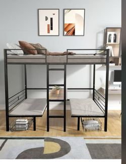 Twin Over Twin Bunk Bed with Table - Heavy Duty Metal Bunk Bed Frame, Convertible, Black - Brand New