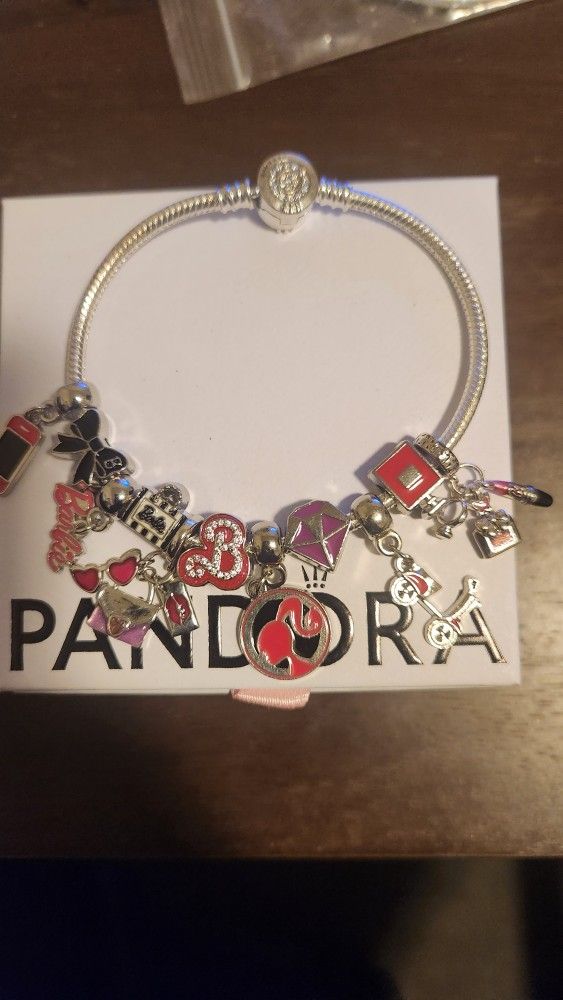 Pandora Barbie Silver and Pink Bangle Charm Bracelet