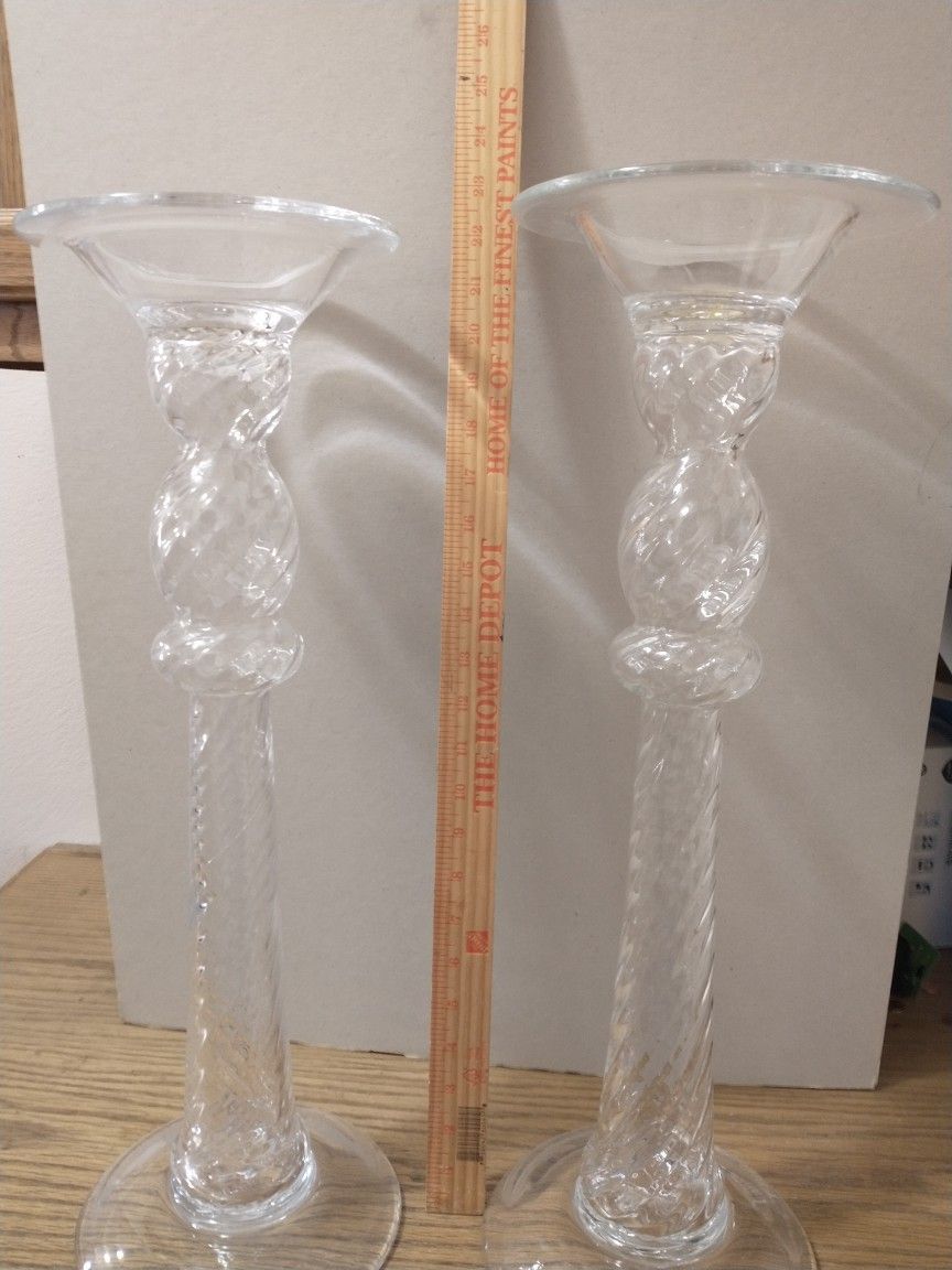 TWO TALL GLASS CANDLE HOLDERS