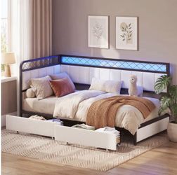 Twin Daybed with LED Headboard and Storage Drawers