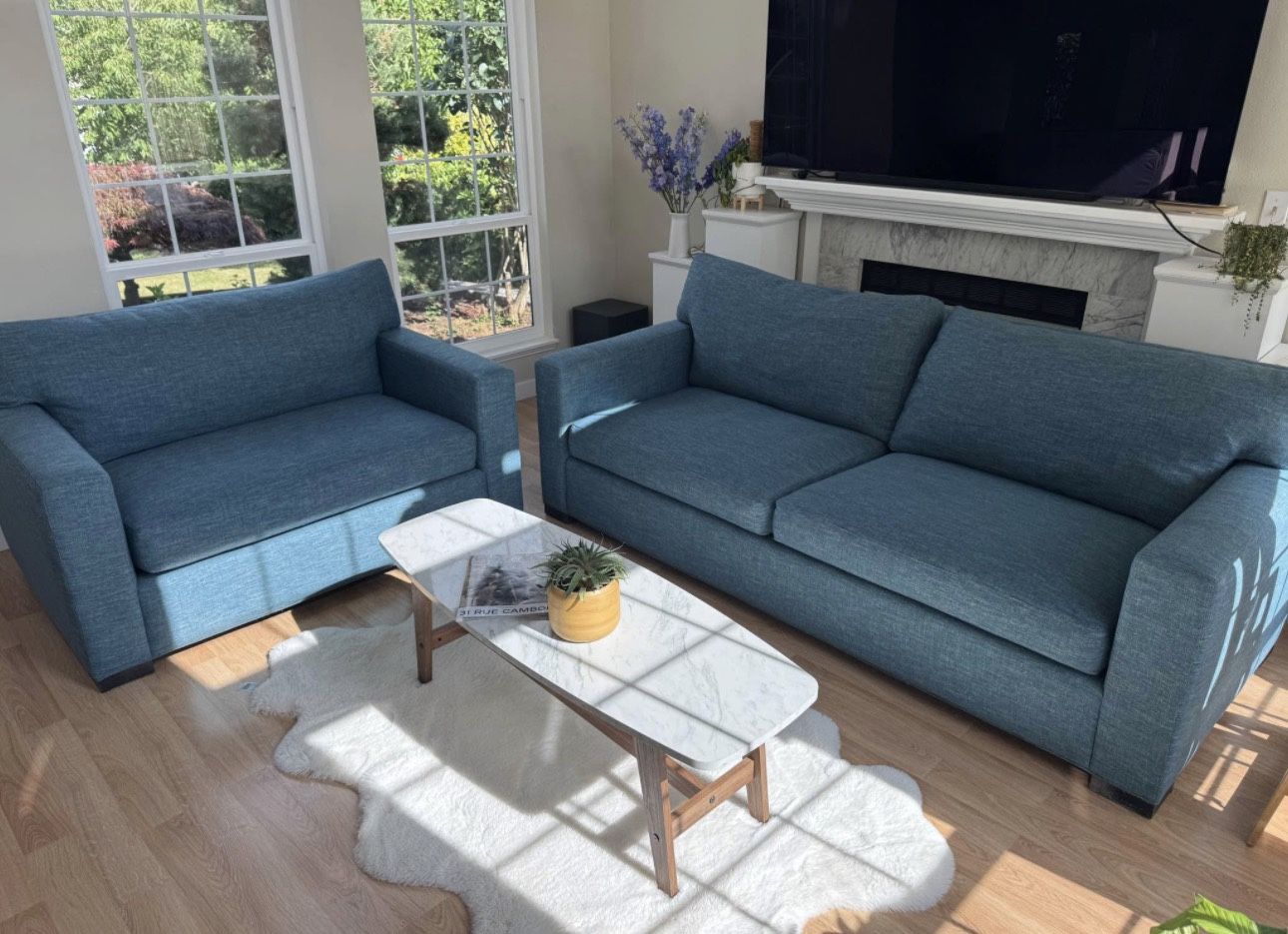 Crate & Barrel Axis Sofa + Loveseat + Chair – Down-Filled Luxury