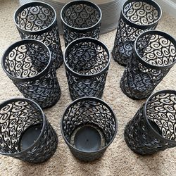 *WEDDING ITEMS* 9 Iron Swirl Cylinder Candle Holders with 10 white/off white “Barely Used” Candles.