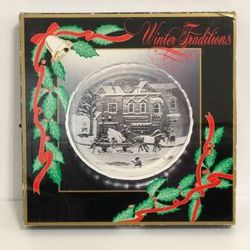 NEW 1990 Clear Crystal  WINTER TRADITIONS Christmas Holiday 14" Round Platter