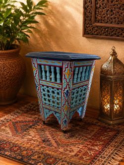 Hand-Painted Moroccan Style Wooden Side Table