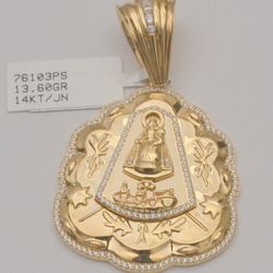 14k Yellow Gold Religious Caridad Del Cobre Fancy Big Charm Pendant 13.1 Grams
