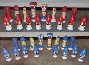Chess Set - Medieval, Red & Blue, Vintage Ceramic Duncan Mold Hand Painted