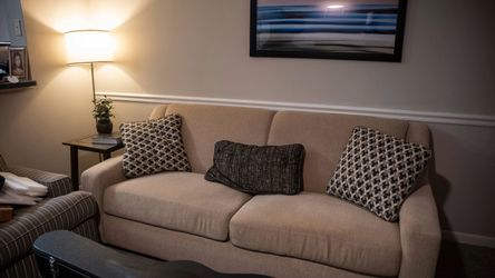 Beige 3-Seat Sofa Couch 81.5” – Fabric Living Room Sofa + Pillows
