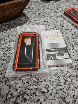 S9+ Black and Orange Case And Glass Screen Protector