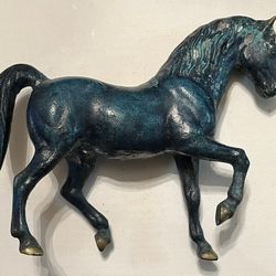 Horse Blue Bronze Statue Figurine Turned Head Sculpture Heavy Vintage 10x8