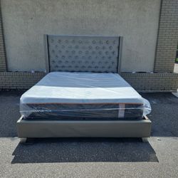 Silver King Sofia Vergara Upholstery Bed Frame With Brand New King Size Plush Memory Foam Nectar Premier Mattress And Box Spring In Plastic 