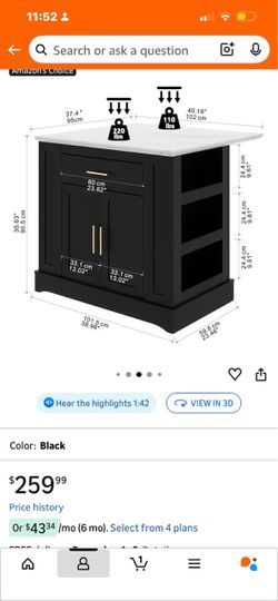 Black Kitchen Island with Cabinet and Shelves