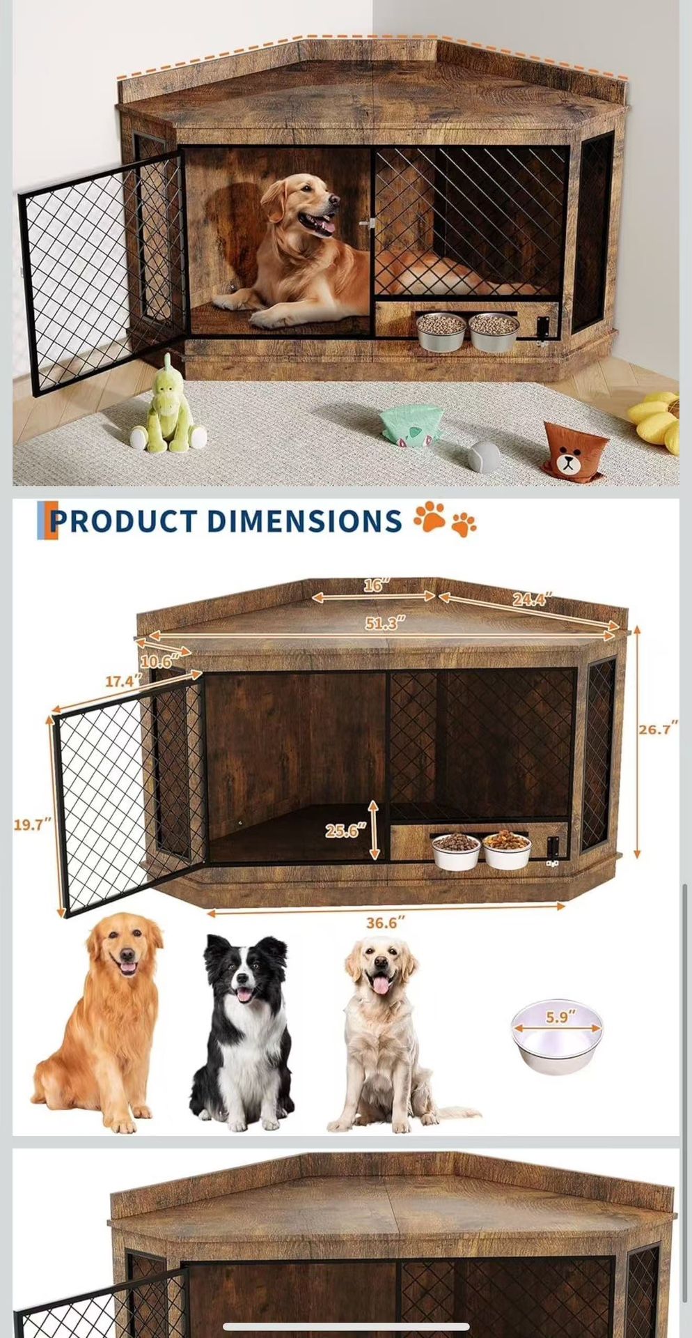52" Wooden Corner Dog Crate Furniture