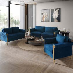 Luxurious Velvet Upholstered 3-Piece Living Room Set -blue