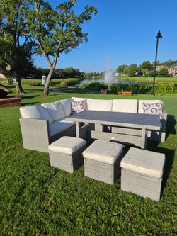 Large 7 Piece Gray Wicker Patio Lounge & Dining Set - Premium Outdoor Furniture 
Delivery option