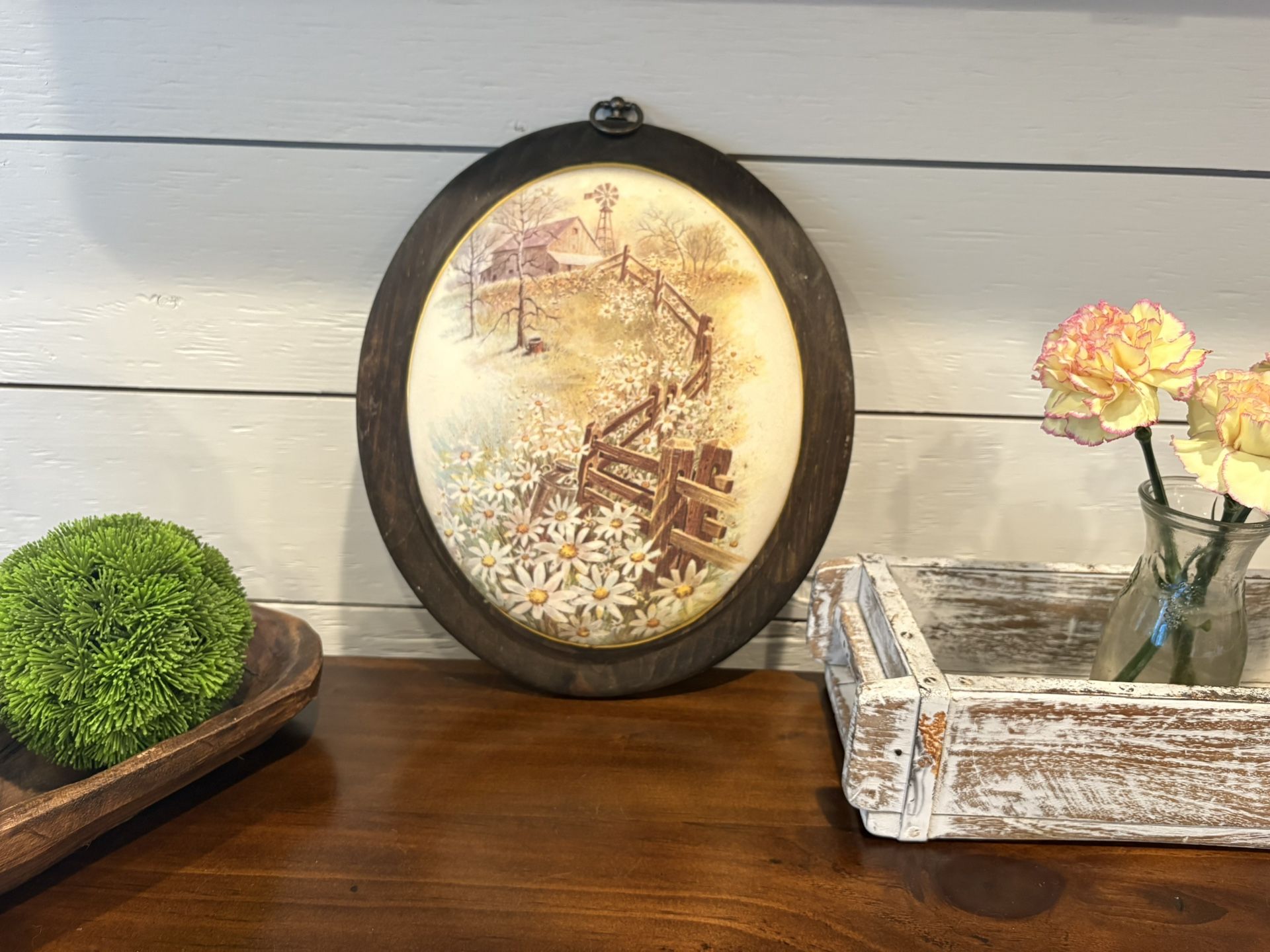 Vintage Countryside Convex Beaded Glass Plaque