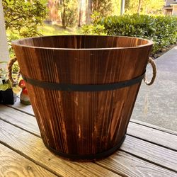 Brown Wood Barrel Planter with Drainage Hole 