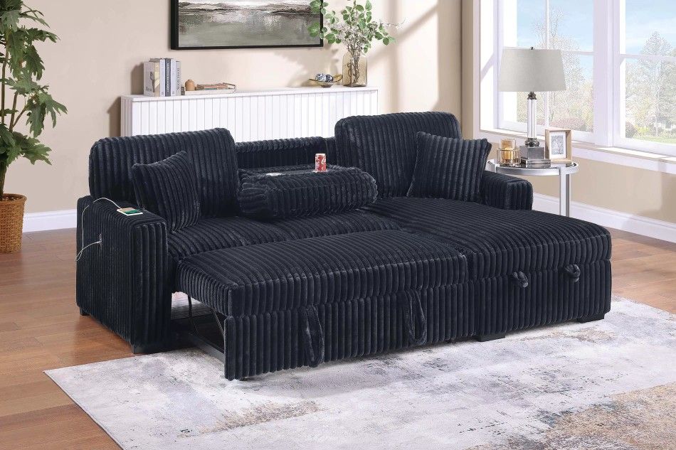 ✅️✅️2 pc Black fur like corduroy fabric sectional sofa with pop up sleep area and storage chaise drop down tray table USB ports✅️