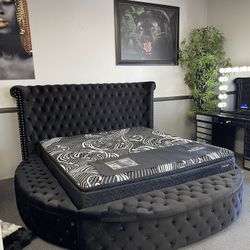 Black Round Velvet Bed W/ Side Storage 