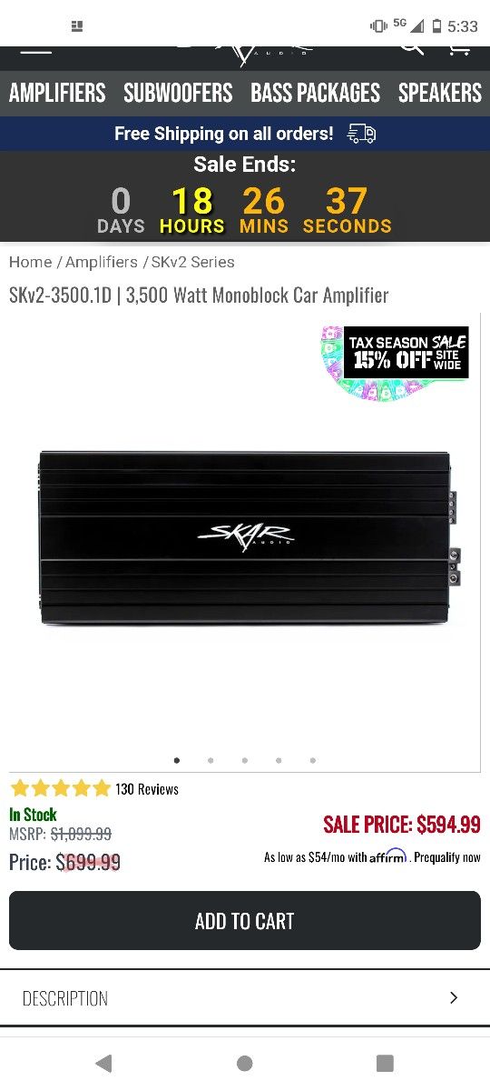 SKv2-3500.1D | 3,500 Watt Monoblock Car Amplifier