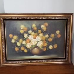 Huge Vintage Floral Original Painting Wood Frame  $200