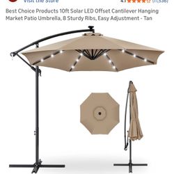 10ft Solar LED Offset Cantilever Hanging Market Patio Umbrella, 8 Sturdy Ribs, Easy Adjustment - Tan