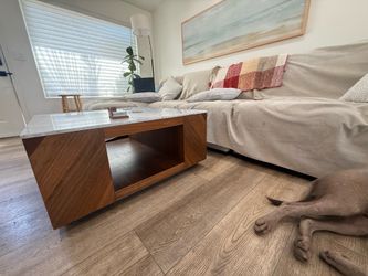 CB2 marble and wood coffee table